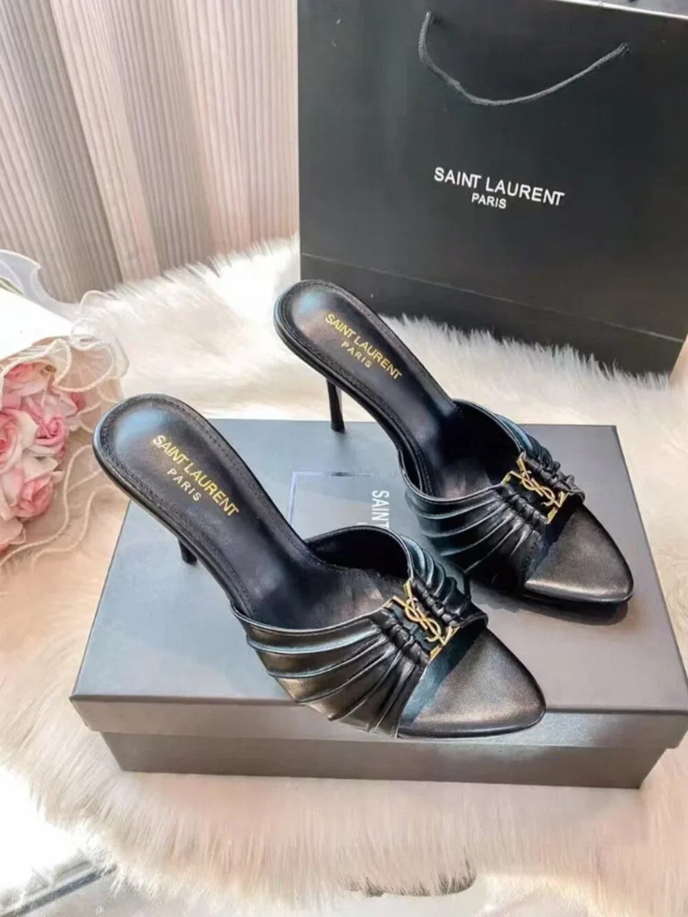 Saint Laurent YSL Black Ruched Leather Stiletto Mule Slides